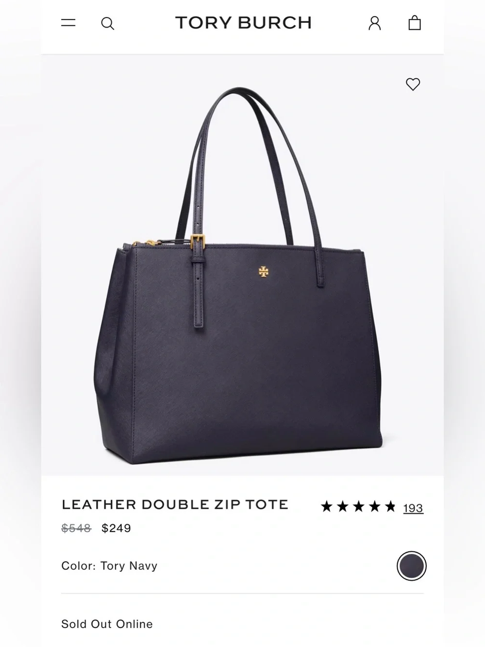 Tory Burch Emerson Double Zip Tote in Navy Saffiano Leather